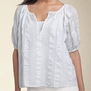 Organic John Patrick Pima Cotton Eyelet Blouse Blue Stripe